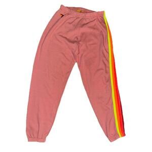Aviator Nation 5 Stripe Sweatpants In Petal Pink & Neon Rainbow Womens Sz Large